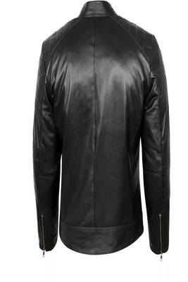 Men's black pure lambskin leather hoodie jacket  collar zip style 2