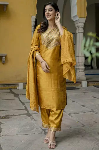 mustard fancy cotton silk kurta set