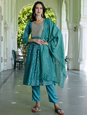 blue fancy chanderi kurta set 2