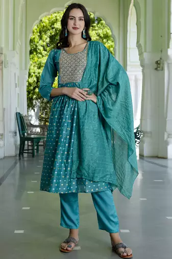 blue fancy chanderi kurta set