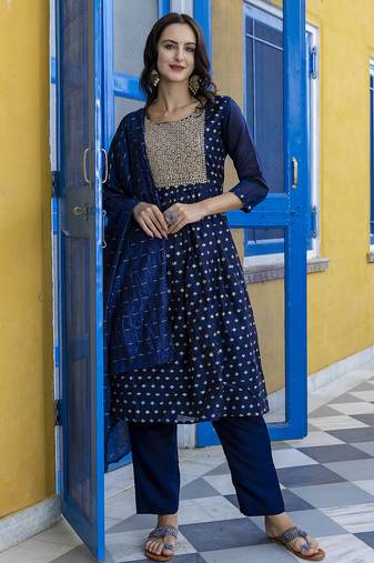 navy-blue fancy chanderi kurta set