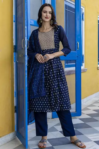 navy-blue fancy chanderi kurta set