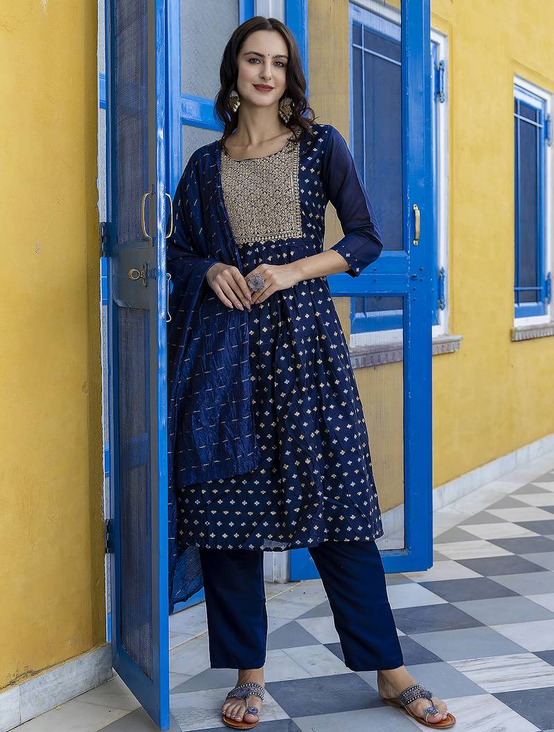 navy-blue fancy chanderi kurta set