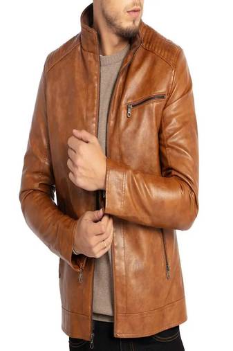 Men's brown pure lambskin leather jacket- straight zipper & quilted shoulder style