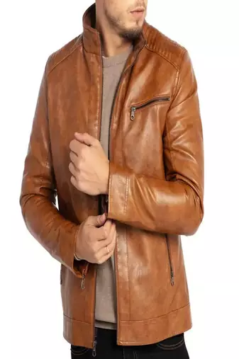 Men's brown pure lambskin leather jacket- straight zipper & quilted shoulder style