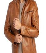 Men's brown pure lambskin leather jacket- straight zipper & quilted shoulder style