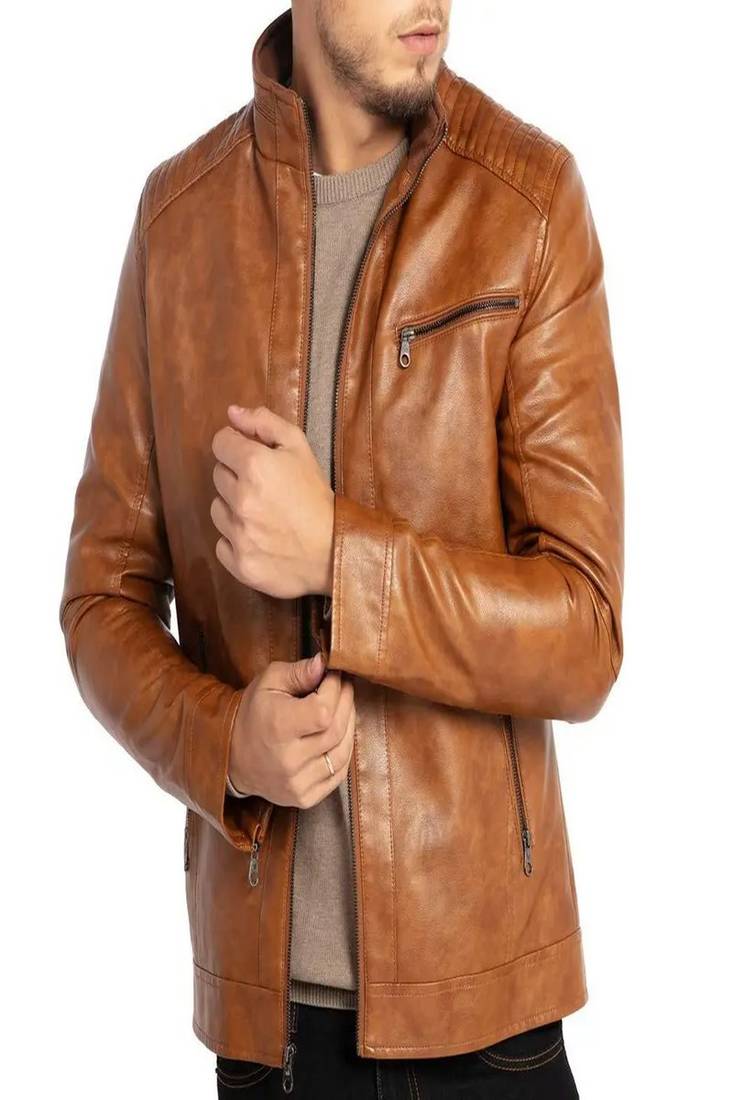 Men's brown pure lambskin leather jacket- straight zipper & quilted shoulder style