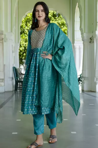 blue fancy chanderi kurta set