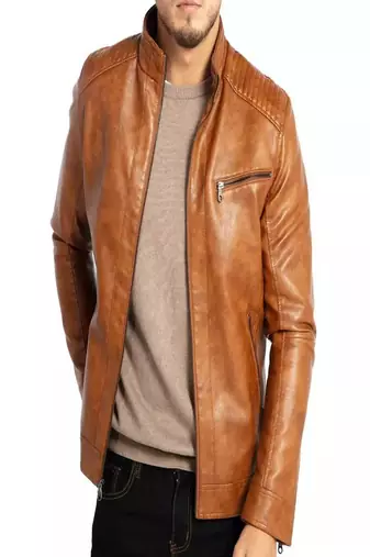Men's brown pure lambskin leather jacket- straight zipper & quilted shoulder style