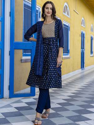 navy-blue fancy chanderi kurta set 2