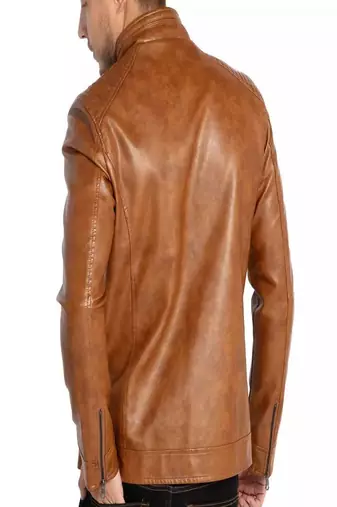 Men's brown pure lambskin leather jacket- straight zipper & quilted shoulder style