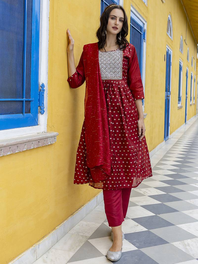 maroon fancy chanderi kurta set