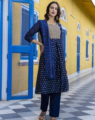 navy-blue fancy chanderi kurta set 3