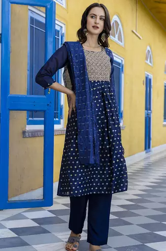 navy-blue fancy chanderi kurta set
