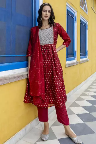 maroon fancy chanderi kurta set