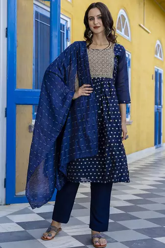navy-blue fancy chanderi kurta set
