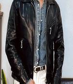 Men's black genuine lambskin leather jacket-straight zipper & 2 pocket style