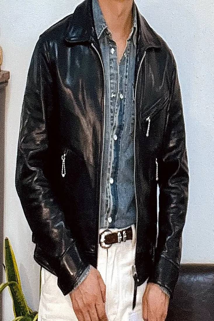 Men's black genuine lambskin leather jacket-straight zipper & 2 pocket style