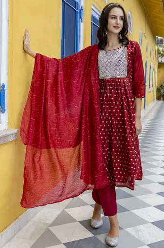 maroon fancy chanderi kurta set