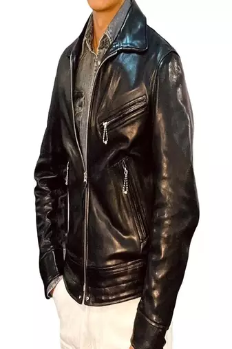 Men's black genuine lambskin leather jacket-straight zipper & 2 pocket style