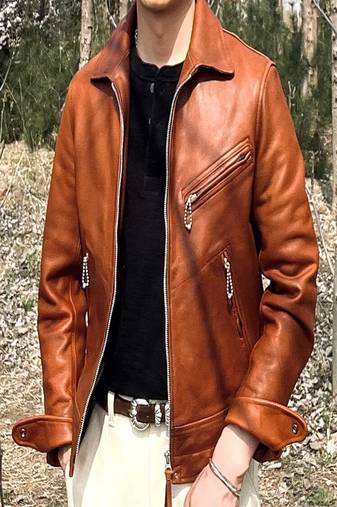 Men's brown genuine lambskin leather jacket-straight zipper & 2 pocket style