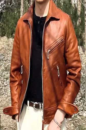 Men's brown genuine lambskin leather jacket-straight zipper & 2 pocket style