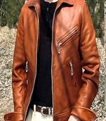 Men's brown genuine lambskin leather jacket-straight zipper & 2 pocket style