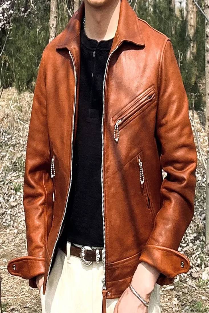 Men's brown genuine lambskin leather jacket-straight zipper & 2 pocket style