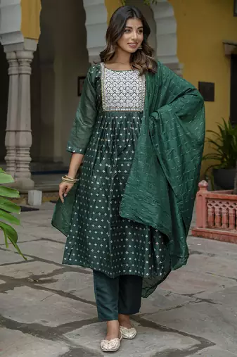 green fancy chanderi kurta set