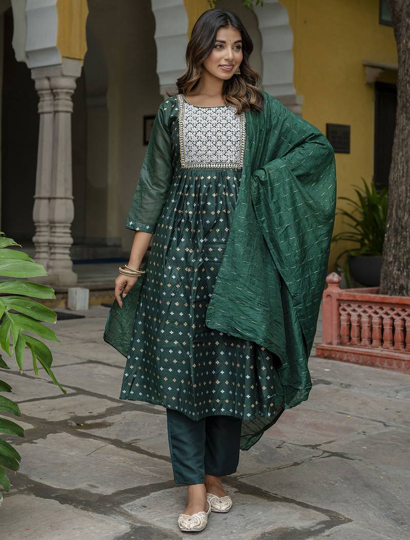 green fancy chanderi kurta set