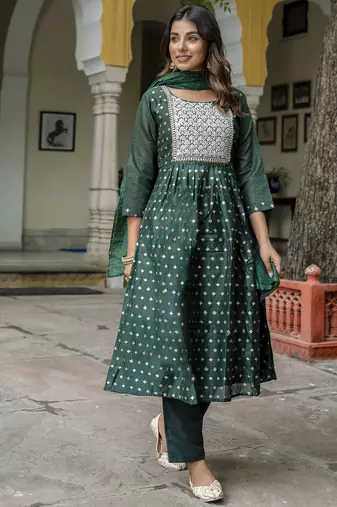 green fancy chanderi kurta set