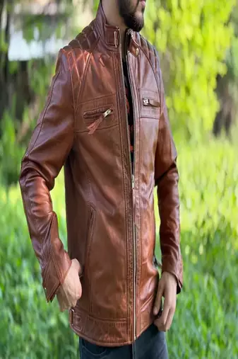 Men's brown genuine lambskin leather jacket-straight zipper & 2 pocket quilted shoulder style