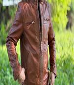 Men's brown genuine lambskin leather jacket-straight zipper & 2 pocket quilted shoulder style
