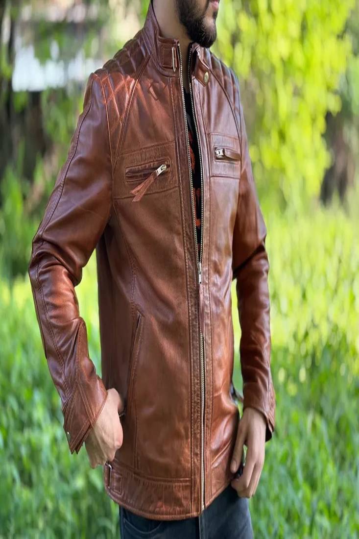 Men's brown genuine lambskin leather jacket-straight zipper & 2 pocket quilted shoulder style