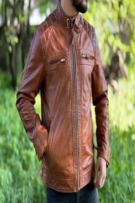 Men's brown genuine lambskin leather jacket-straight zipper & 2 pocket quilted shoulder style 2