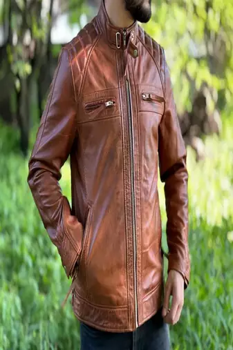 Men's brown genuine lambskin leather jacket-straight zipper & 2 pocket quilted shoulder style