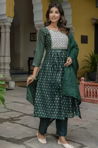 green fancy chanderi kurta set