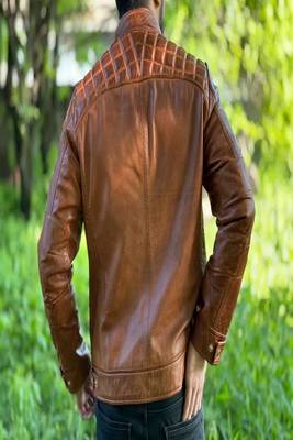 Men's brown genuine lambskin leather jacket-straight zipper & 2 pocket quilted shoulder style 3