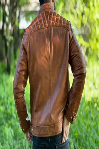 Men's brown genuine lambskin leather jacket-straight zipper & 2 pocket quilted shoulder style