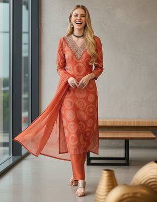 Women's orange rayon printed with embroidery worked straight kurta set with pant & dupatta 4