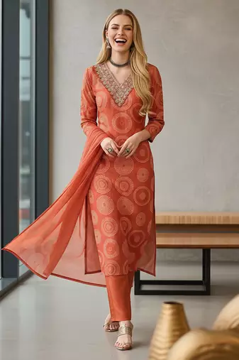 Women's orange rayon printed with embroidery worked straight kurta set with pant & dupatta