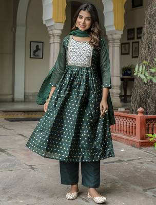 green fancy chanderi kurta set 4