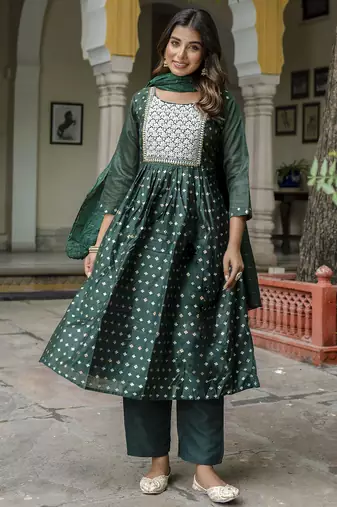 green fancy chanderi kurta set