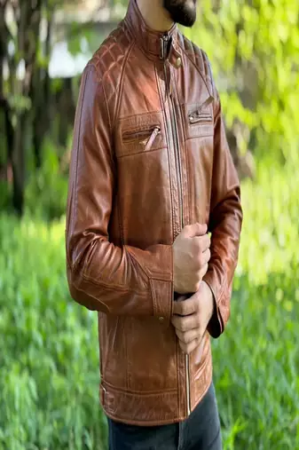Men's brown genuine lambskin leather jacket-straight zipper & 2 pocket quilted shoulder style