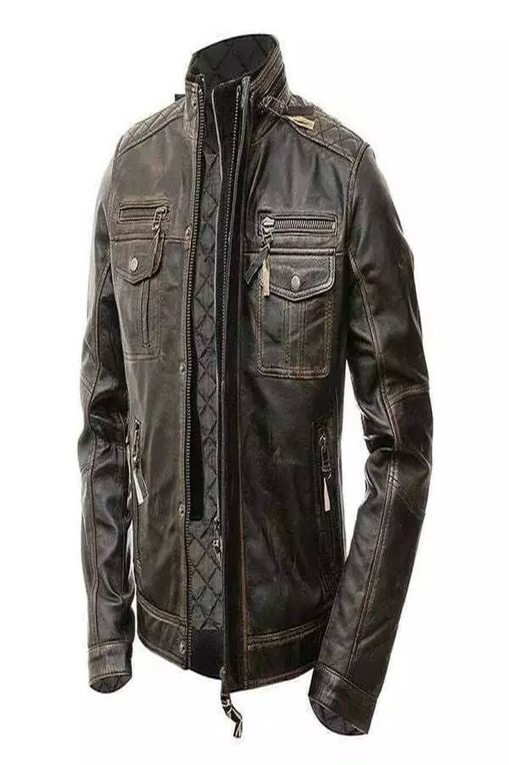 Men's green lambskin leather jacket asymmetrical zipper motorcycle jacket moto style