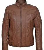 men's brown lambskin leather jacket-zipper &  ribb cuff style