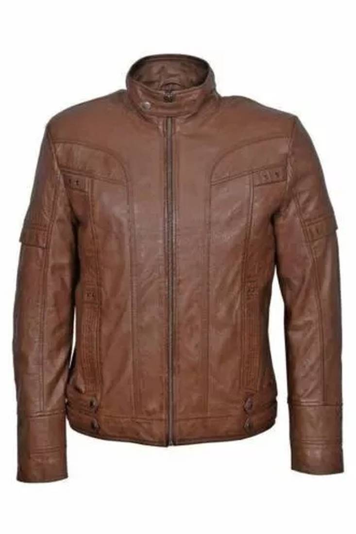 men's brown lambskin leather jacket-zipper &  ribb cuff style