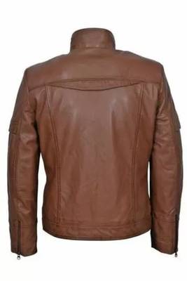 men's brown lambskin leather jacket-zipper &  ribb cuff style 2