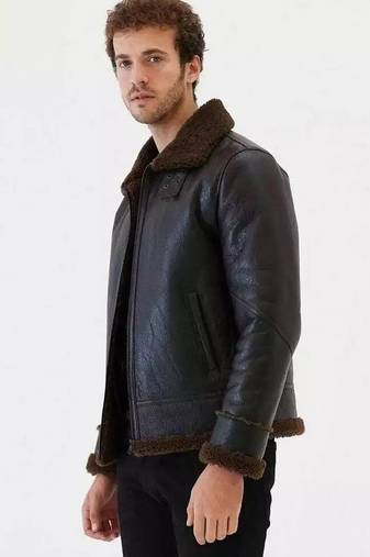 men's black genuine lambskin leather jacket- zipper & collar band style
