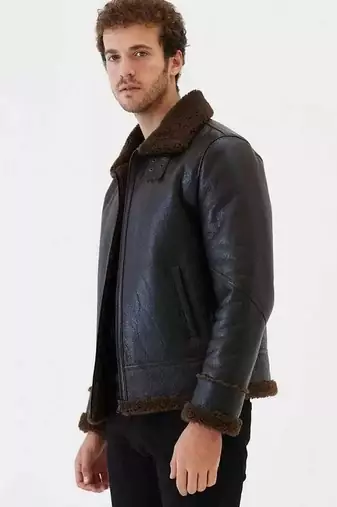 men's black genuine lambskin leather jacket- zipper & collar band style